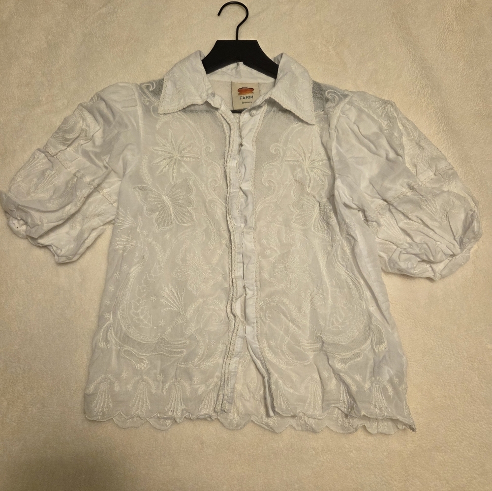 Farm Rio White Embroidered Short Sleeve Blouse, XS